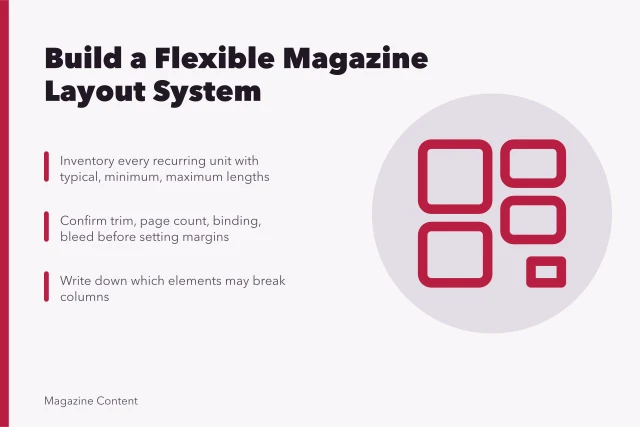 Numbered layout grid with regular measurement lines for magazine page design. How to build a flexible magazine layout system