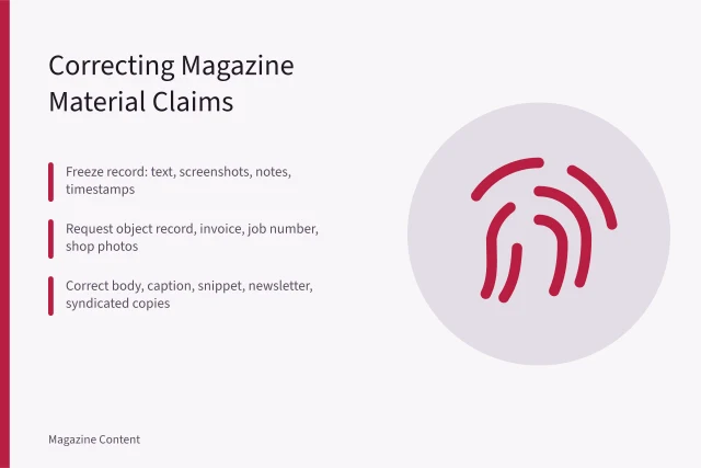 Checklist for correcting magazine material claims with verification steps. Correcting a Magazine Feature: Verifying Material and Technical Claims