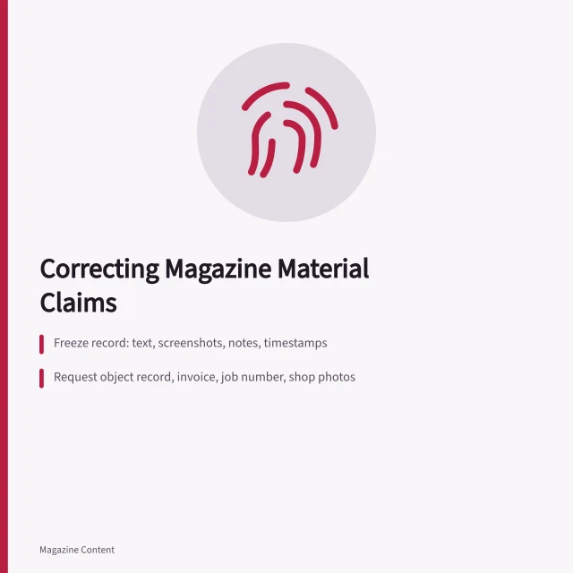 Checklist for correcting magazine material claims with verification steps. Correcting a Magazine Feature: Verifying Material and Technical Claims