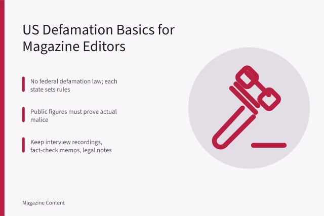 Defamation law basics for magazine editors: state rules, actual malice, records. Defamation Law for Magazine Editors: A US Basics Guide