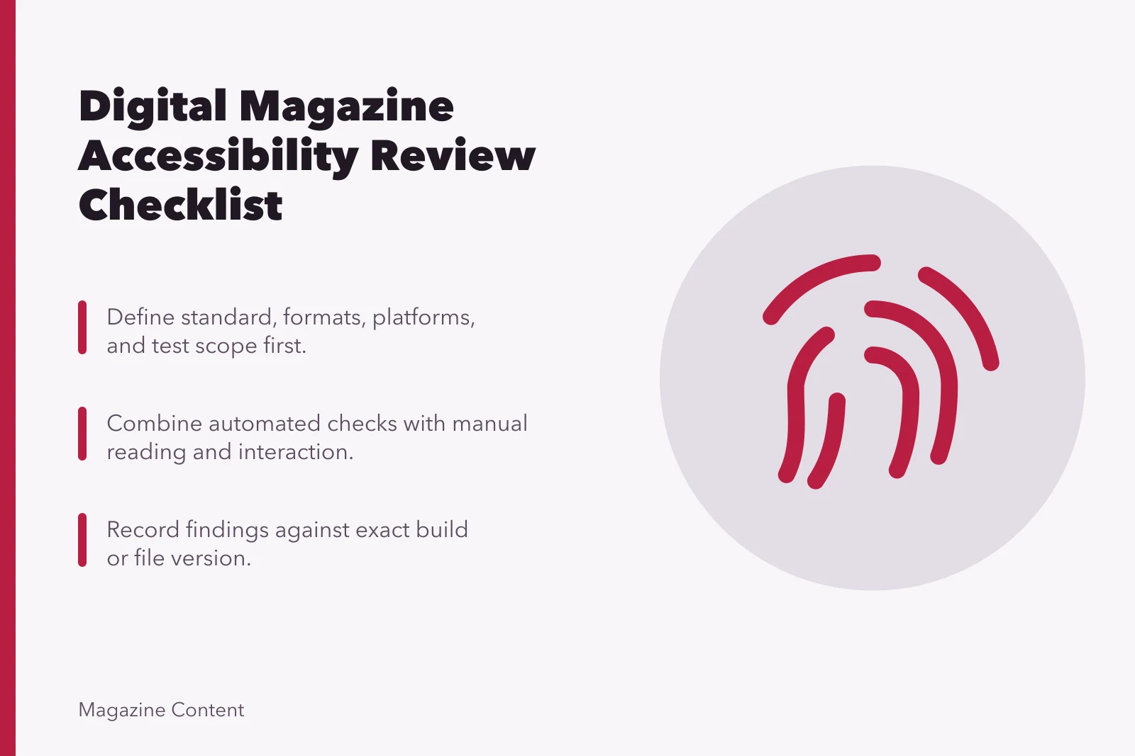 Checklist card for digital magazine accessibility review covering scope, testing, and version records. Planning a digital magazine accessibility checklist