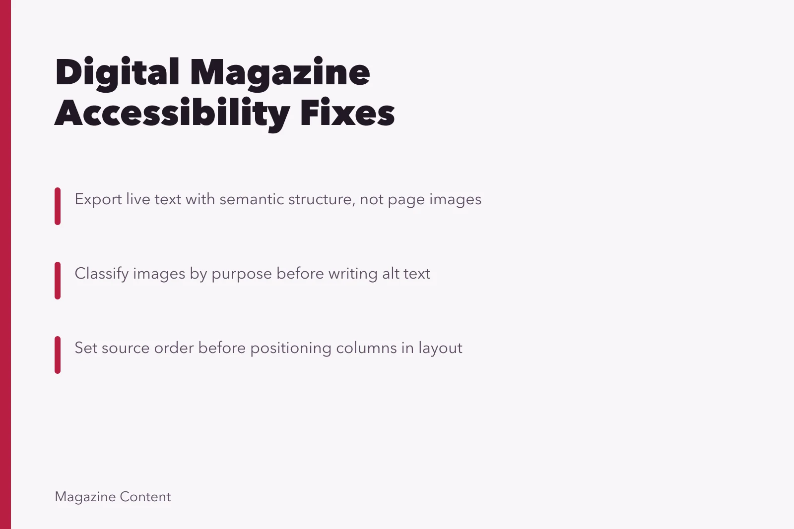 Card listing digital magazine accessibility fixes: live text, alt text, reading order. Digital magazine accessibility problems with practical fixes