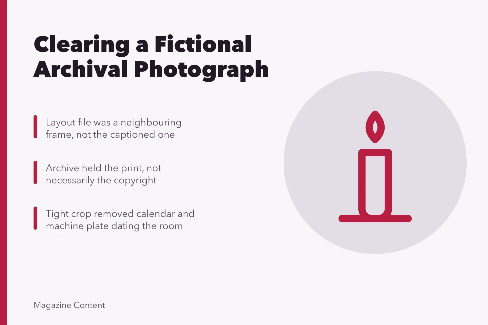 Archive record, caption correction and rejected crop in a rights-clearing case study. Case study: clearing a fictional archival photograph for a magazine