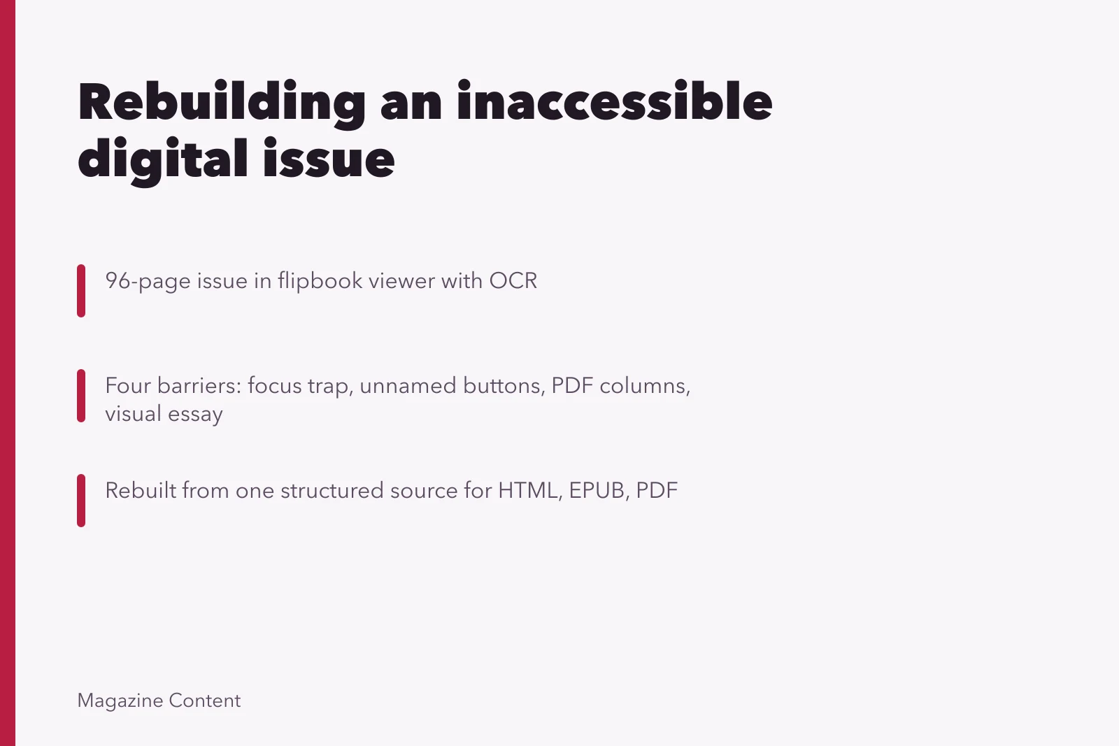 Card summarizing accessible digital magazine rebuild case study. Case study: rebuilding a fictional inaccessible digital issue