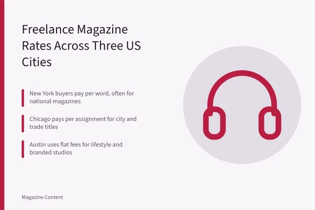 Card comparing freelance magazine pay rates in New York, Chicago and Austin. Freelance Magazine Rates in US Cities Compared: New York, Chicago, Austin