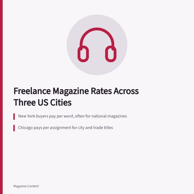 Card comparing freelance magazine pay rates in New York, Chicago and Austin. Freelance Magazine Rates in US Cities Compared: New York, Chicago, Austin