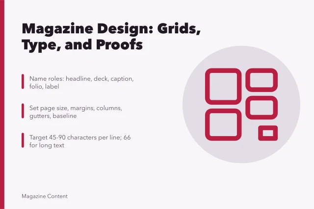 Magazine layout guide showing grid columns, type hierarchy, and proof checks. Magazine design, layout, and typography: a practical guide