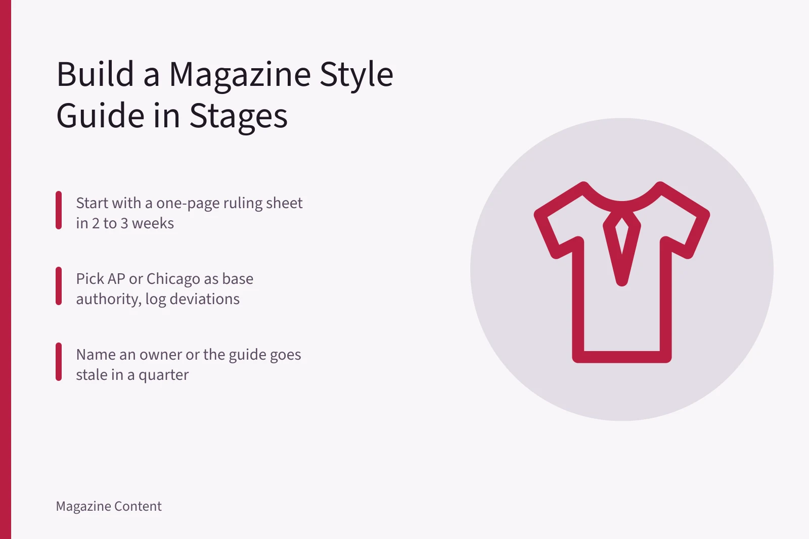 Style guide card showing staged steps from ruling sheet to house book. How to Create a Magazine Editorial Style Guide