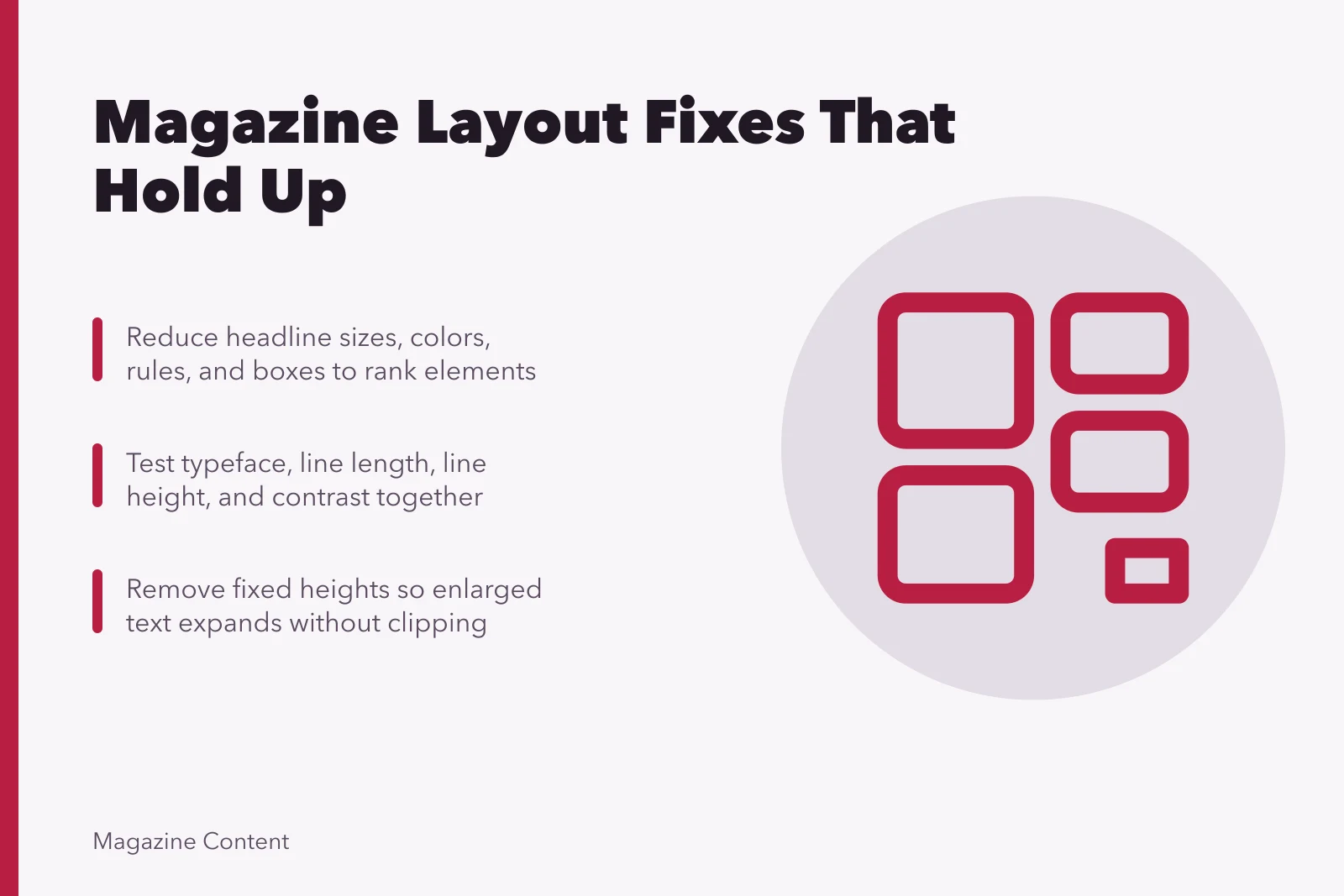 Magazine layout fixes for hierarchy, type density, and clipped text. Magazine layout and typography problems with practical fixes