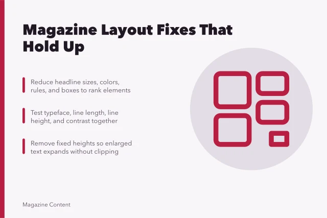 Magazine layout fixes for hierarchy, type density, and clipped text. Magazine layout and typography problems with practical fixes