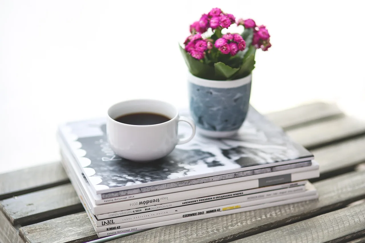 stack, newspaper, flower background, magazine, coffee, beautiful flowers, flower, flower wallpaper, kalanchoe, coffee cup, pink, cup, white, reading, nature, free time, break. Magazine paper and printing options: key choices