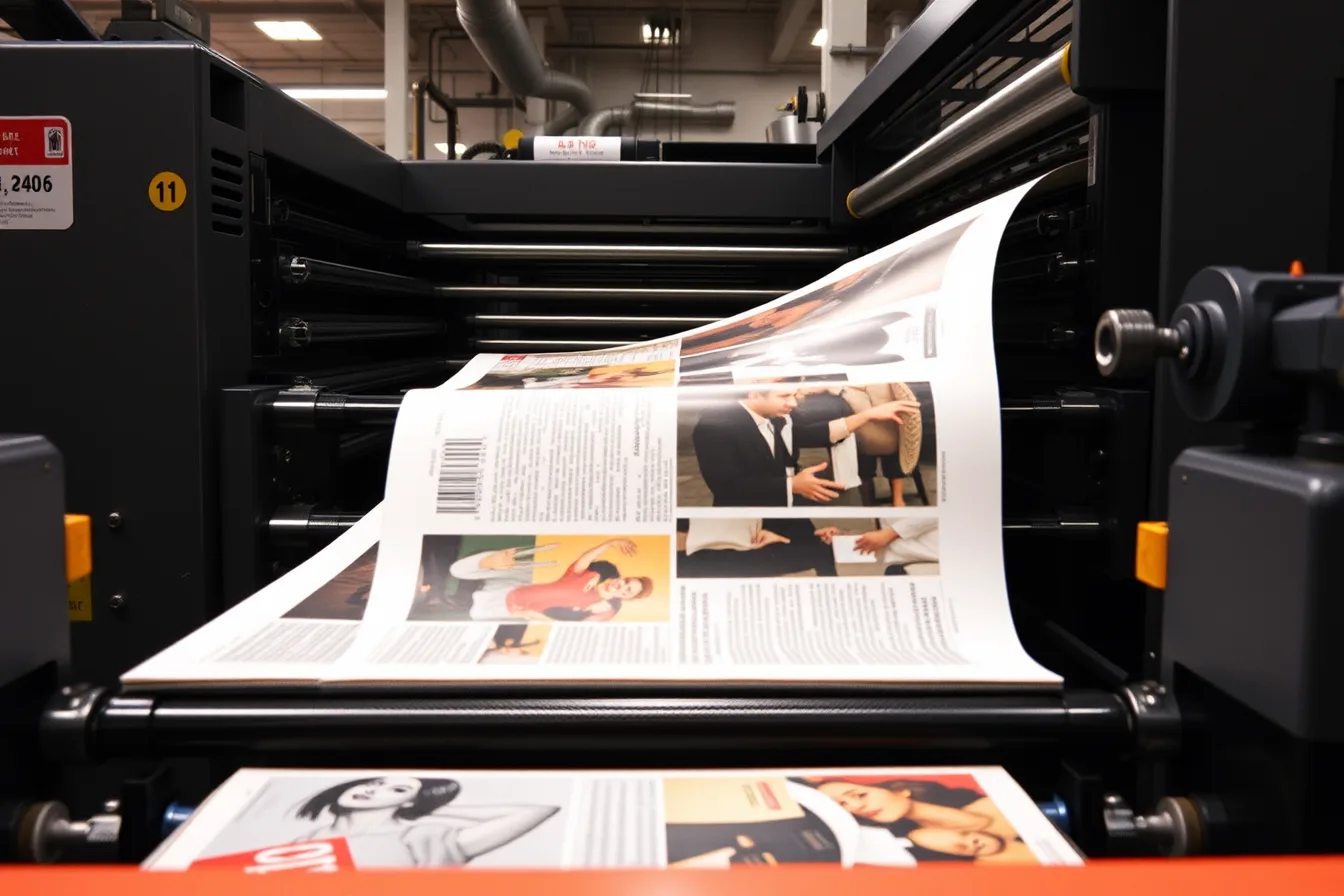 Offset printing press running magazine pages through ink units in a pressroom. Magazine paper, printing, binding, and proof options compared