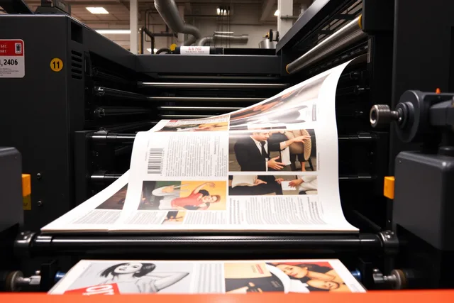 Offset printing press running magazine pages through ink units in a pressroom. Magazine paper, printing, binding, and proof options compared