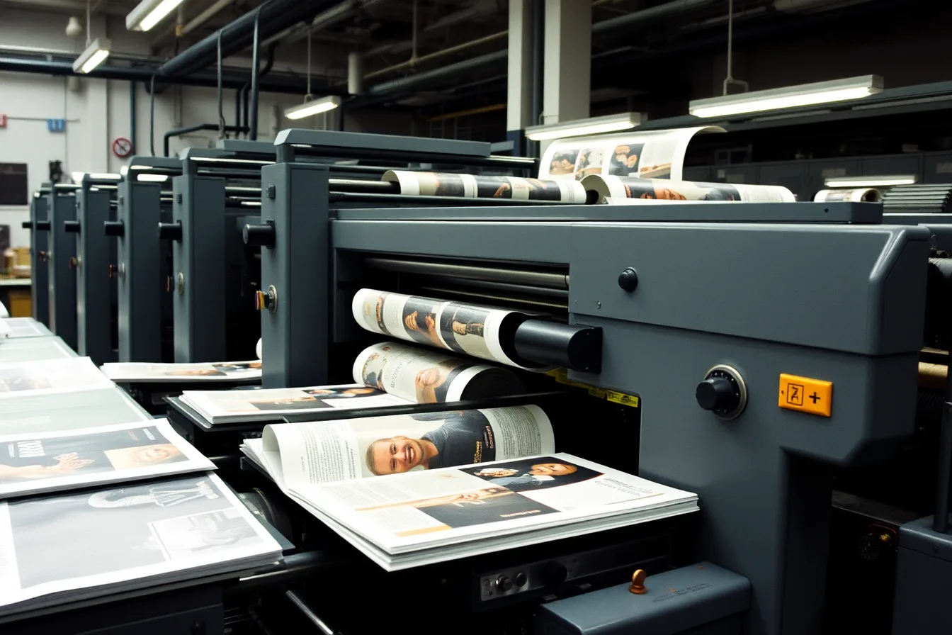 Heidelberg offset press printing magazine pages in a print shop. Magazine print production, paper, and prepress: a practical guide