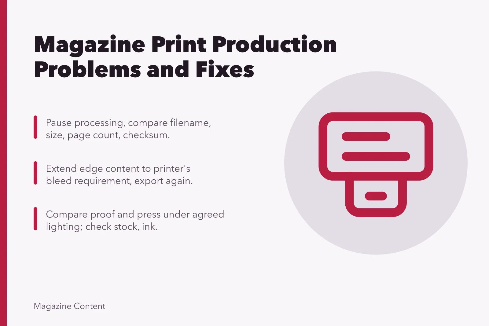 Card summarizing magazine print production problems and practical fixes. Magazine print production problems with practical fixes