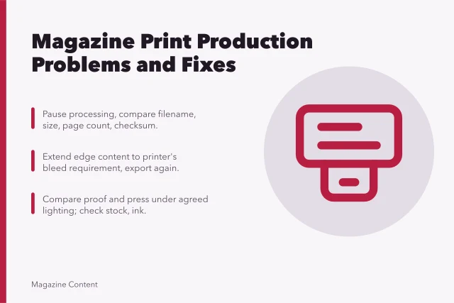 Card summarizing magazine print production problems and practical fixes. Magazine print production problems with practical fixes