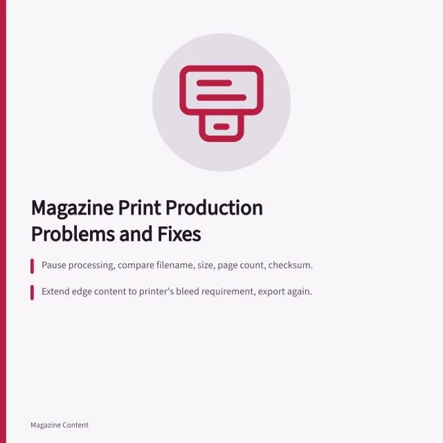 Card summarizing magazine print production problems and practical fixes. Magazine print production problems with practical fixes