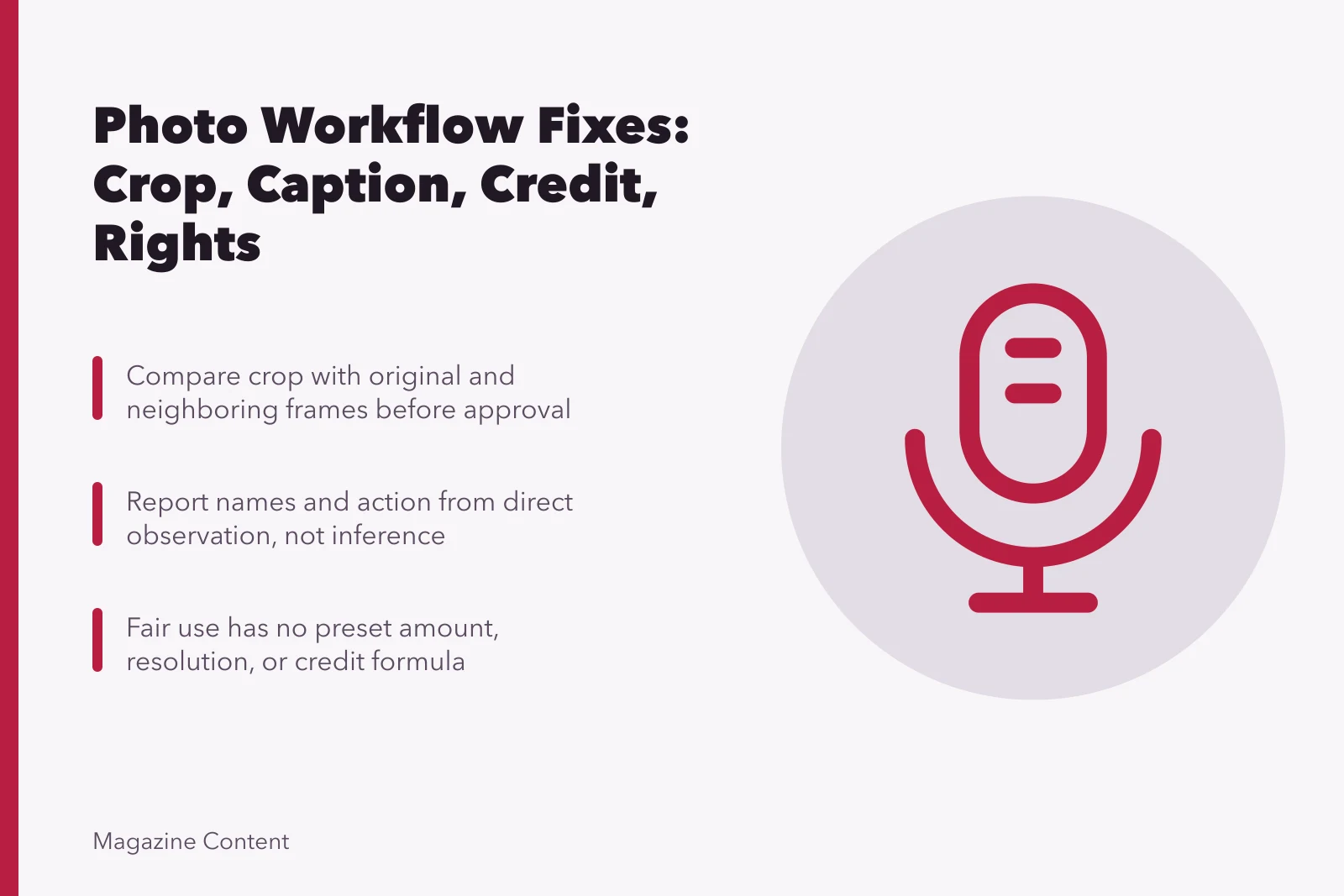 Card summarizing photo editing, caption, credit, and rights workflow fixes. Photo editing, caption, and image-rights problems with practical fixes