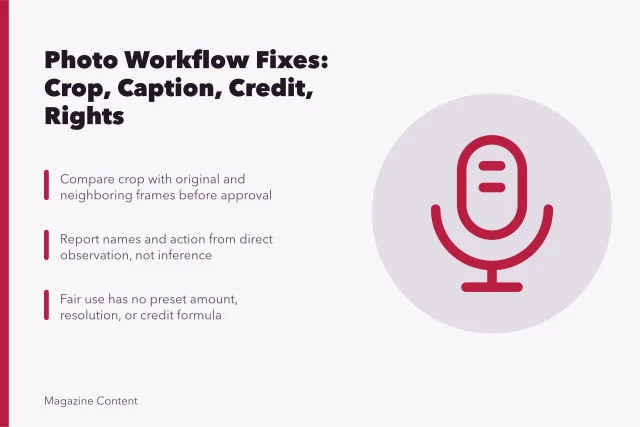 Card summarizing photo editing, caption, credit, and rights workflow fixes. Photo editing, caption, and image-rights problems with practical fixes