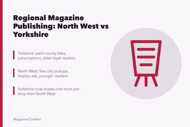 Map contrasting regional magazine publishing models in North West England and Yorkshire. Regional magazine publishing in North West England and Yorkshire