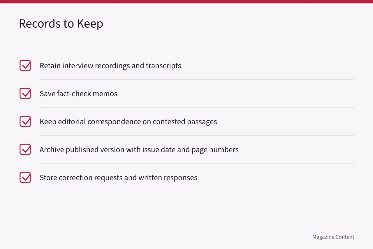 Checklist of five types of records magazine editors should retain (Defamation Law for Magazine Editors: A US Basics Guide)