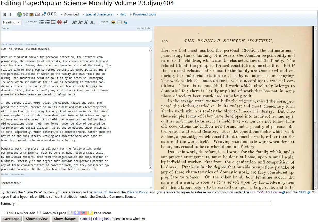 Side-by-side text and page image in a proofreading interface