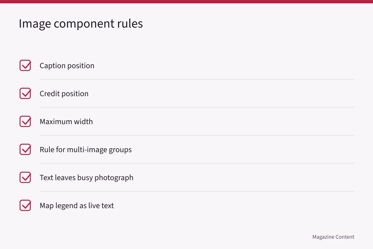 Checklist of rules every image component now carries (Case study: redesigning a fictional magazine feature for print and web)
