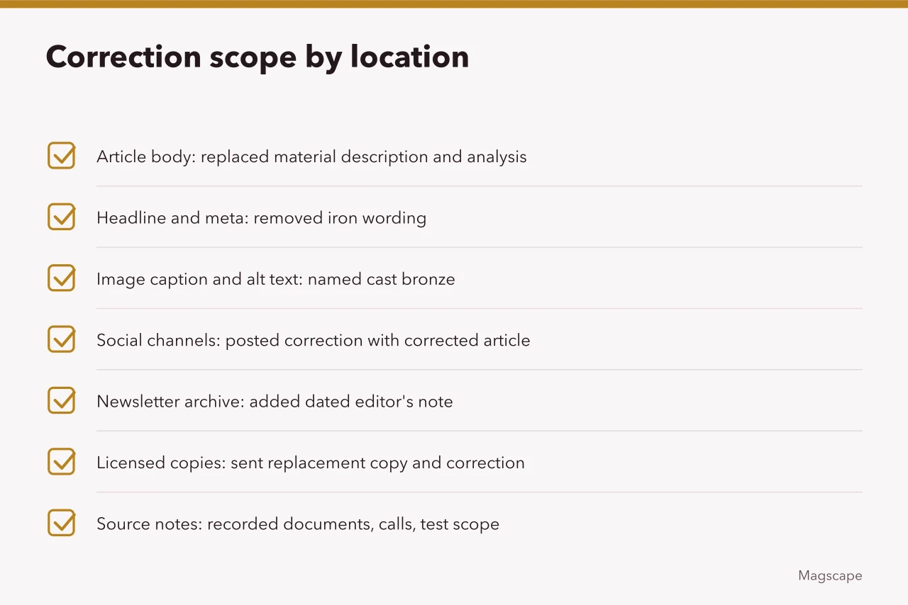 Checklist of seven publication locations updated after correction (Fictional case: correcting a metal attribution)