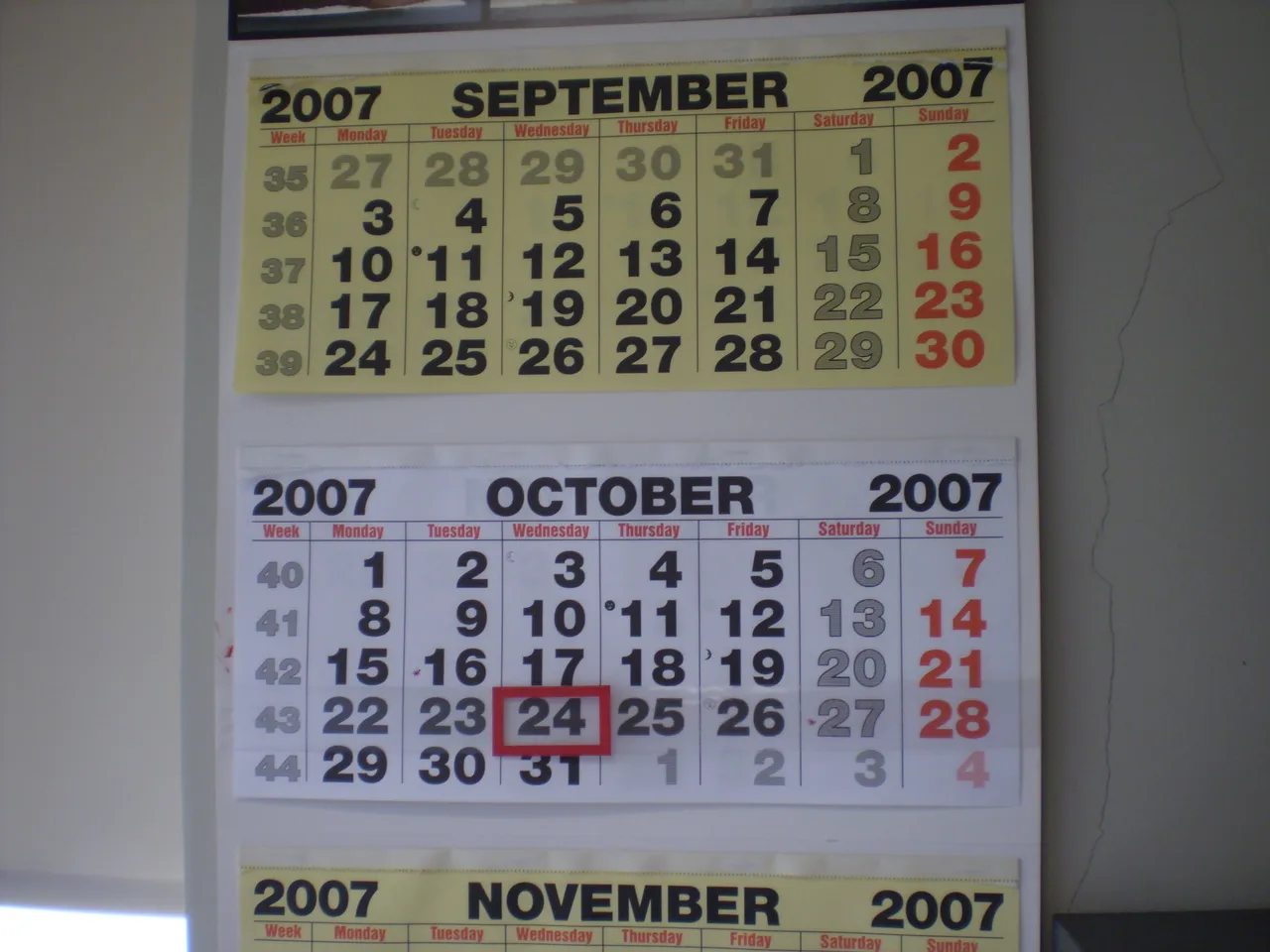A wall calendar showing September and October 2007