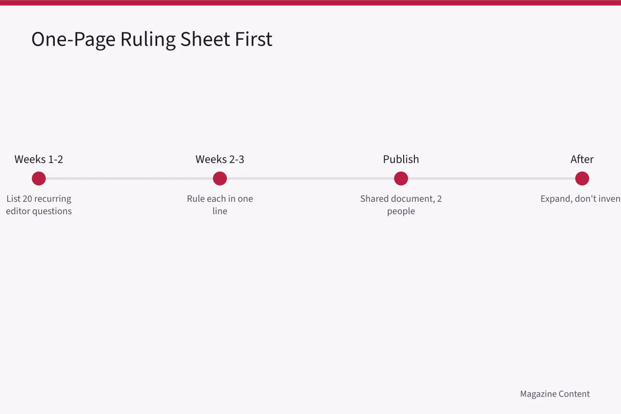 Timeline showing a one-page ruling sheet built in two to three weeks (How to Create a Magazine Editorial Style Guide)