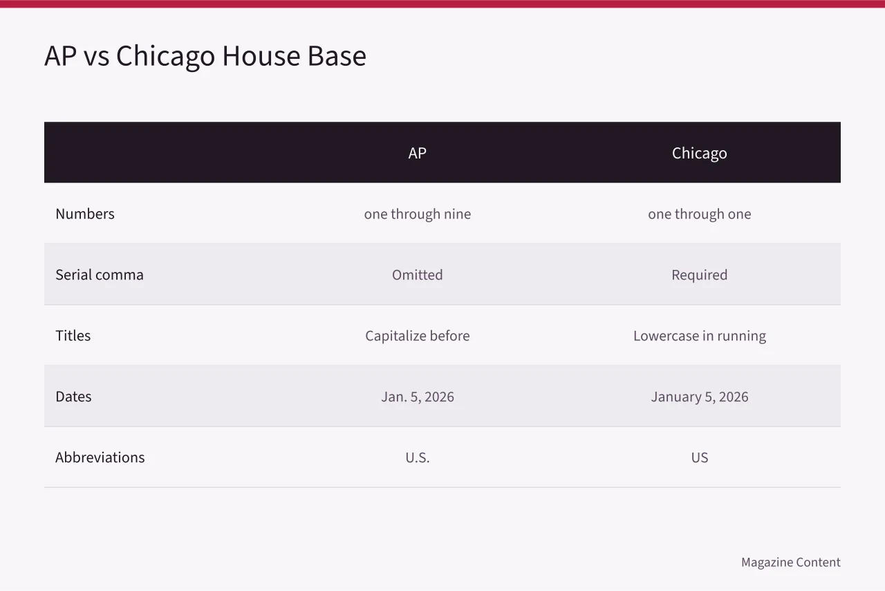 Comparison table of AP and Chicago style rules for numbers, commas, titles, dates, abbreviations (How to Create a Magazine Editorial Style Guide)