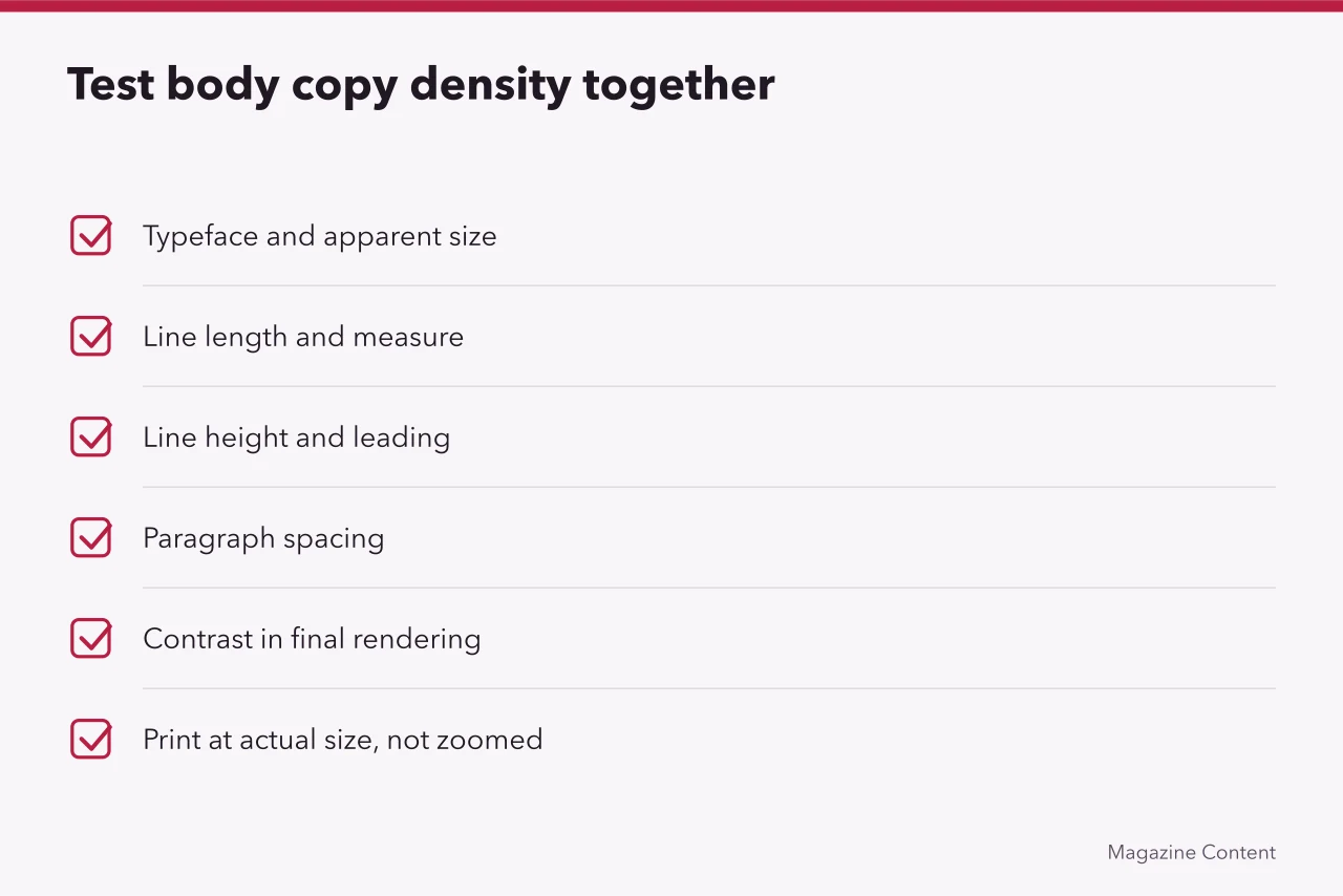Checklist of six body copy density variables to test together (Magazine layout and typography problems with practical fixes)