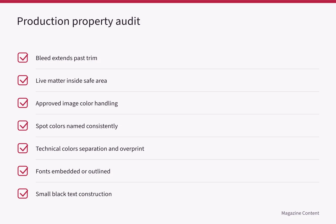 Checklist of eight production properties to verify in source document (How to prepare and proof magazine files for a printer)