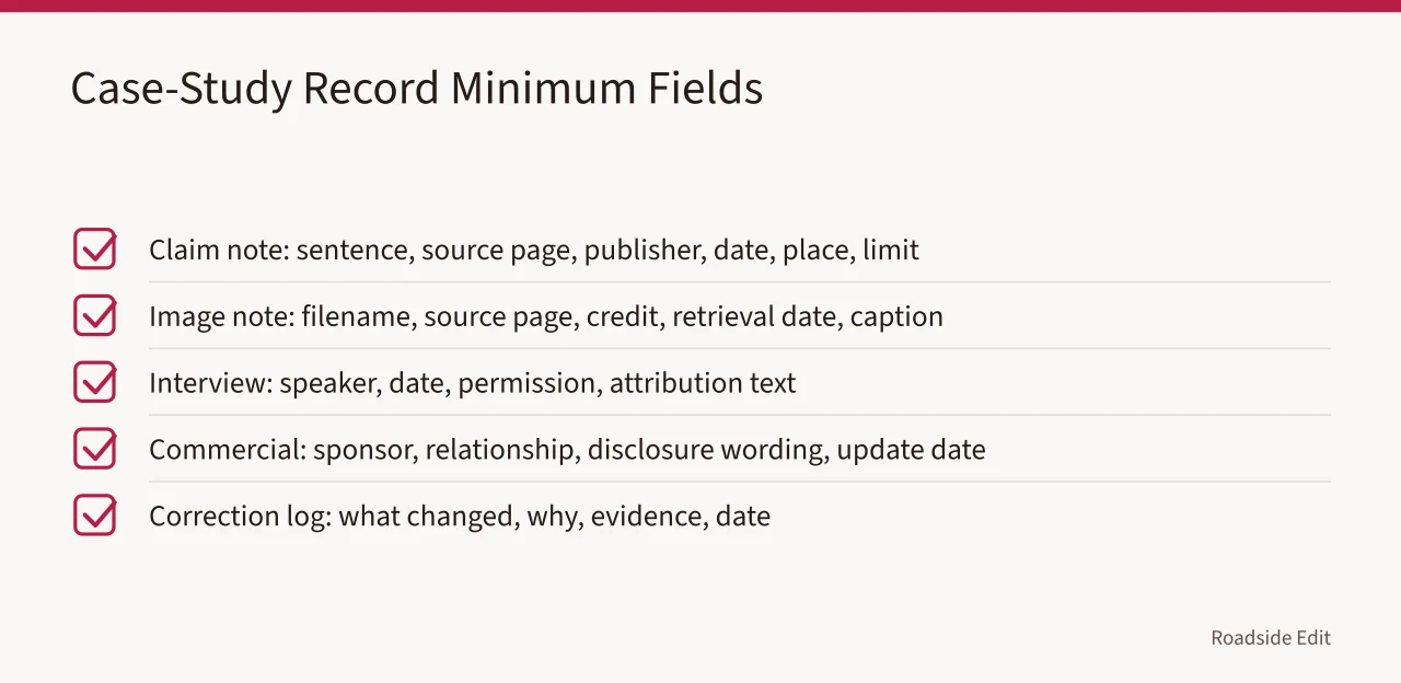 Checklist of five case-study record types and their minimum fields (How roadside design studios keep case study owner records straight)