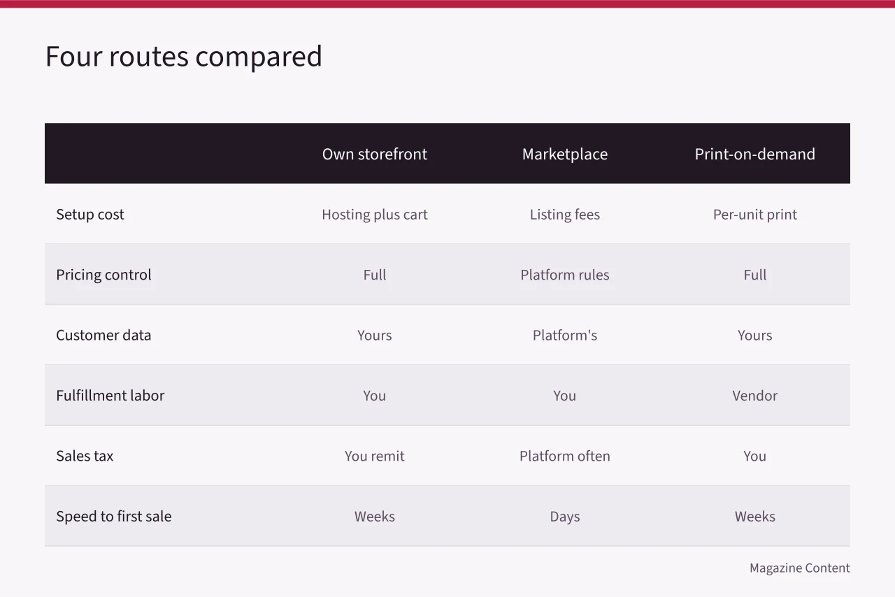 Comparison table of four back-issue sales routes across seven criteria (Should You Sell Magazine Back Issues Online?)
