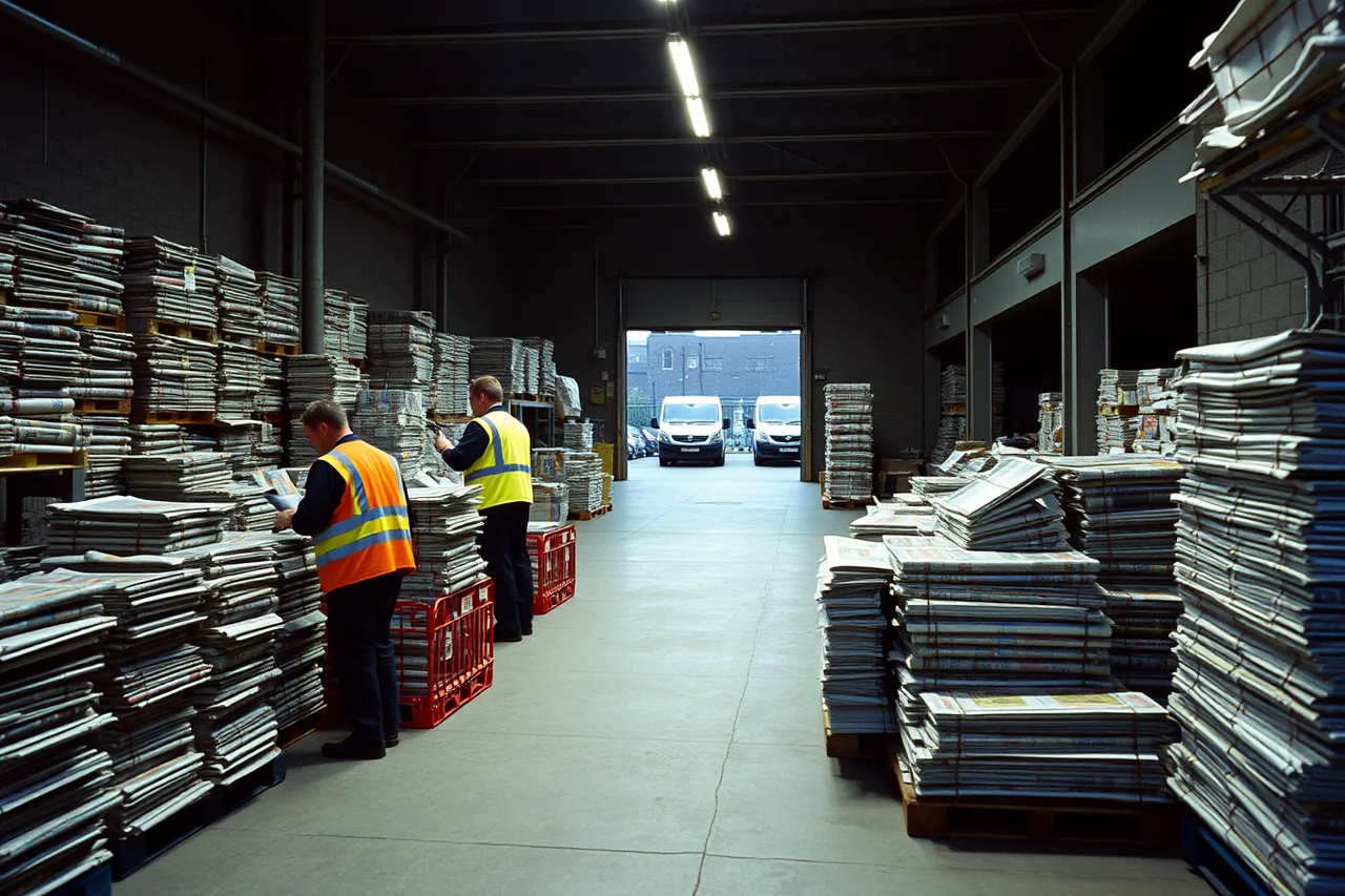 Workers sorting magazine bundles in a brightly lit wholesale depot at night (How UK magazine distribution works through Smiths News and Menzies)