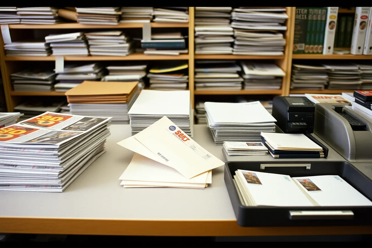 Hands packing a magazine into an envelope at a subscription fulfilment desk (How UK magazine distribution works through Smiths News and Menzies)