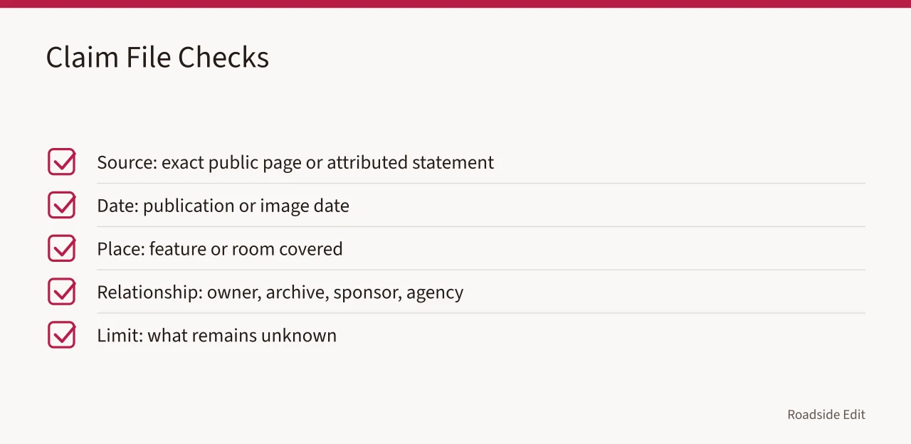 Checklist of source, date, place, relationship, and limit checks (Vintage diner interiors mistake prevention: a checklist before you publish)